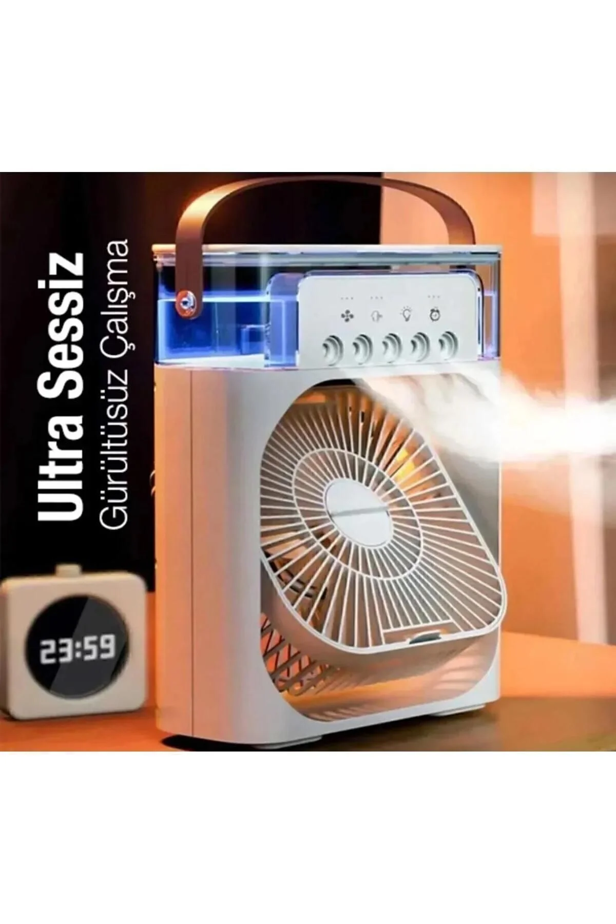 Masaüstü Taşınabilir Buzlu Soğutucu Vantilatör, Su Soğutmalı ve LED Işıklı Beyaz Fan