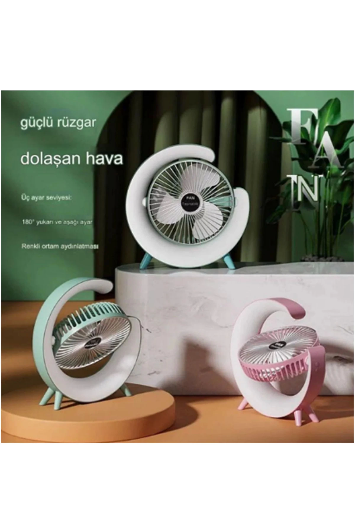 Masaüstü Vantilatör Usb Şarjlı Rgb Led Işıklı 3 Kademeli 180° Aya