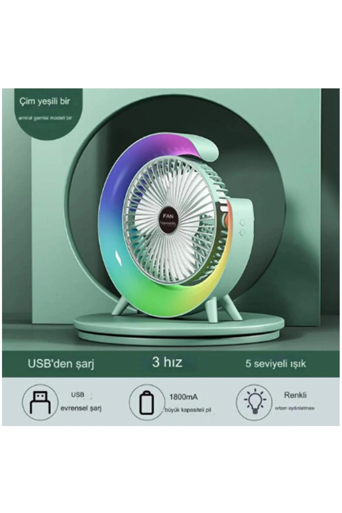 Masaüstü Vantilatör Usb Şarjlı Rgb Led Işıklı 3 Kademeli 180° Aya