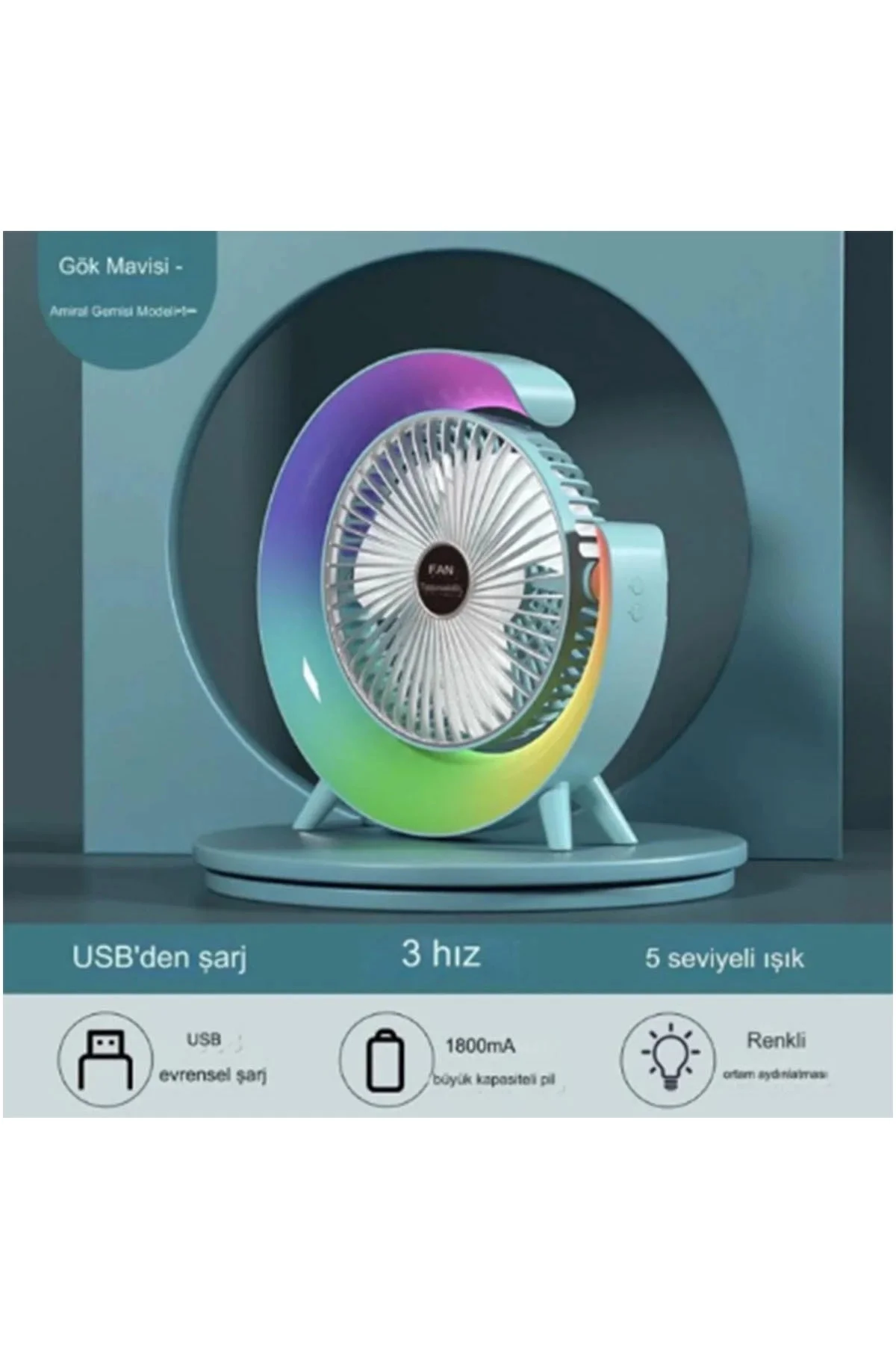 Masaüstü Vantilatör Usb Şarjlı Rgb Led Işıklı 3 Kademeli 180° Aya Masaüstü Vantilatör Usb Şarjlı Rgb Led Işıklı 3 Kademeli 180° Aya