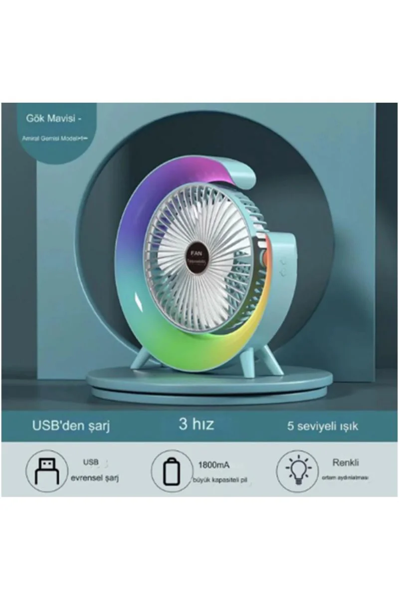 Masaüstü Vantilatör USB Şarjlı RGB LED – 3 Kademeli 180° Ayarlanabilir Soğutucu Fan Fiyatı, Yorumları ve Özellikleri