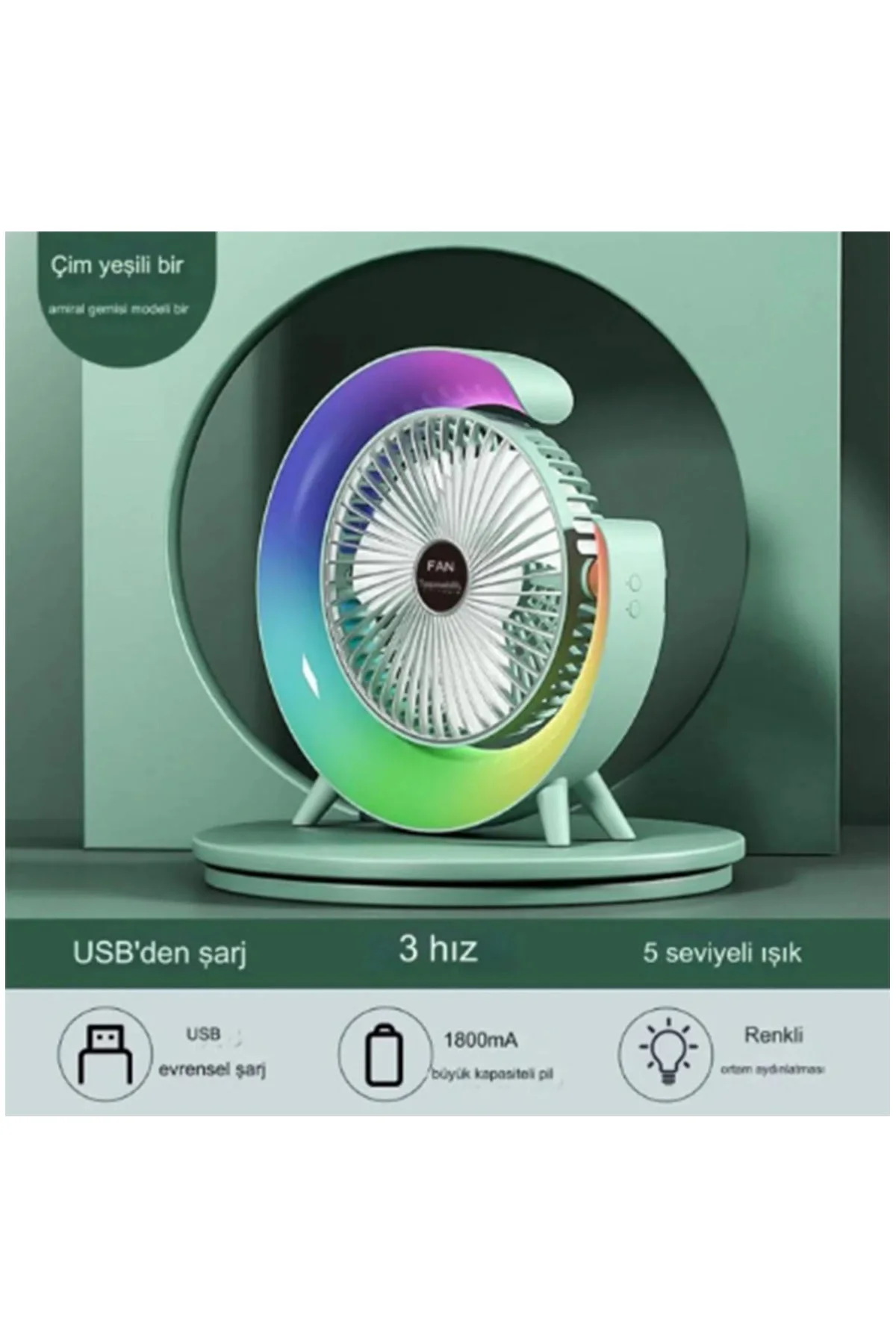 Masaüstü Vantilatör Usb Şarjlı Rgb Led Işıklı 3 Kademeli 180° Ayarlanabilir Soğutucu Fan Yeşil Fiyatı, Yorumları ve Özellikleri