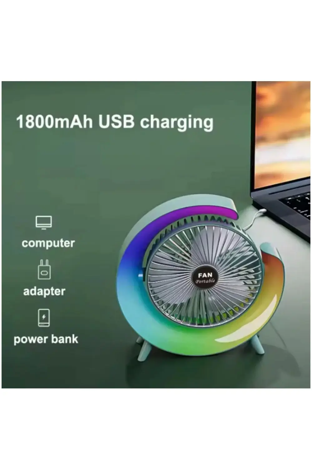 Masaüstü Vantilatör Usb Şarjlı Rgb Led Işıklı 3 Kademeli 180° Aya