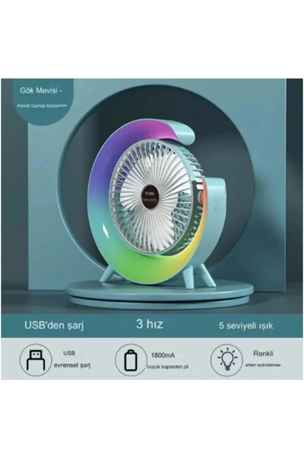 Masaüstü Vantilatör Usb Şarjlı Rgb Led Işıklı 3 Kademeli 180° Aya Masaüstü Vantilatör Usb Şarjlı Rgb Led Işıklı 3 Kademeli 180° Aya