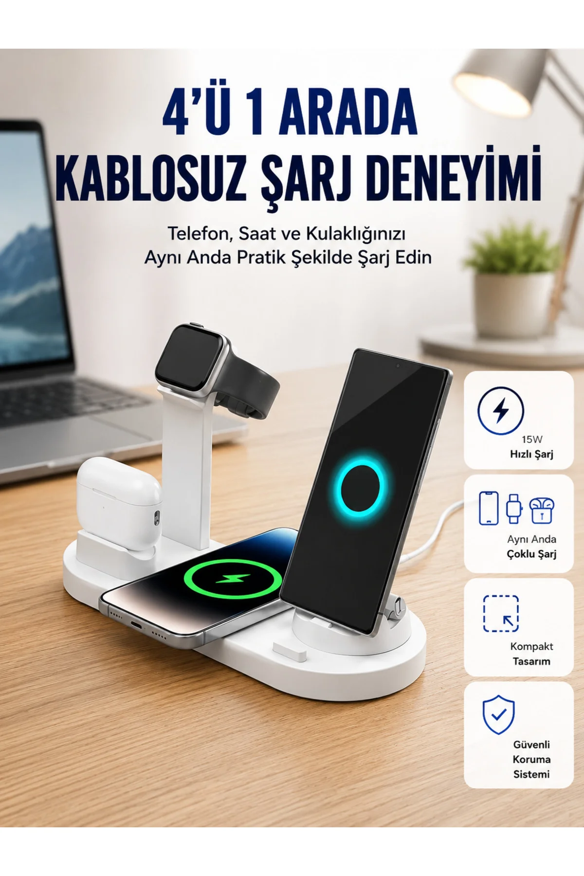 Masaüstü yici 4’ü 1 Arada Kablosuz Şarj Aksesuarı Yeni Nesil