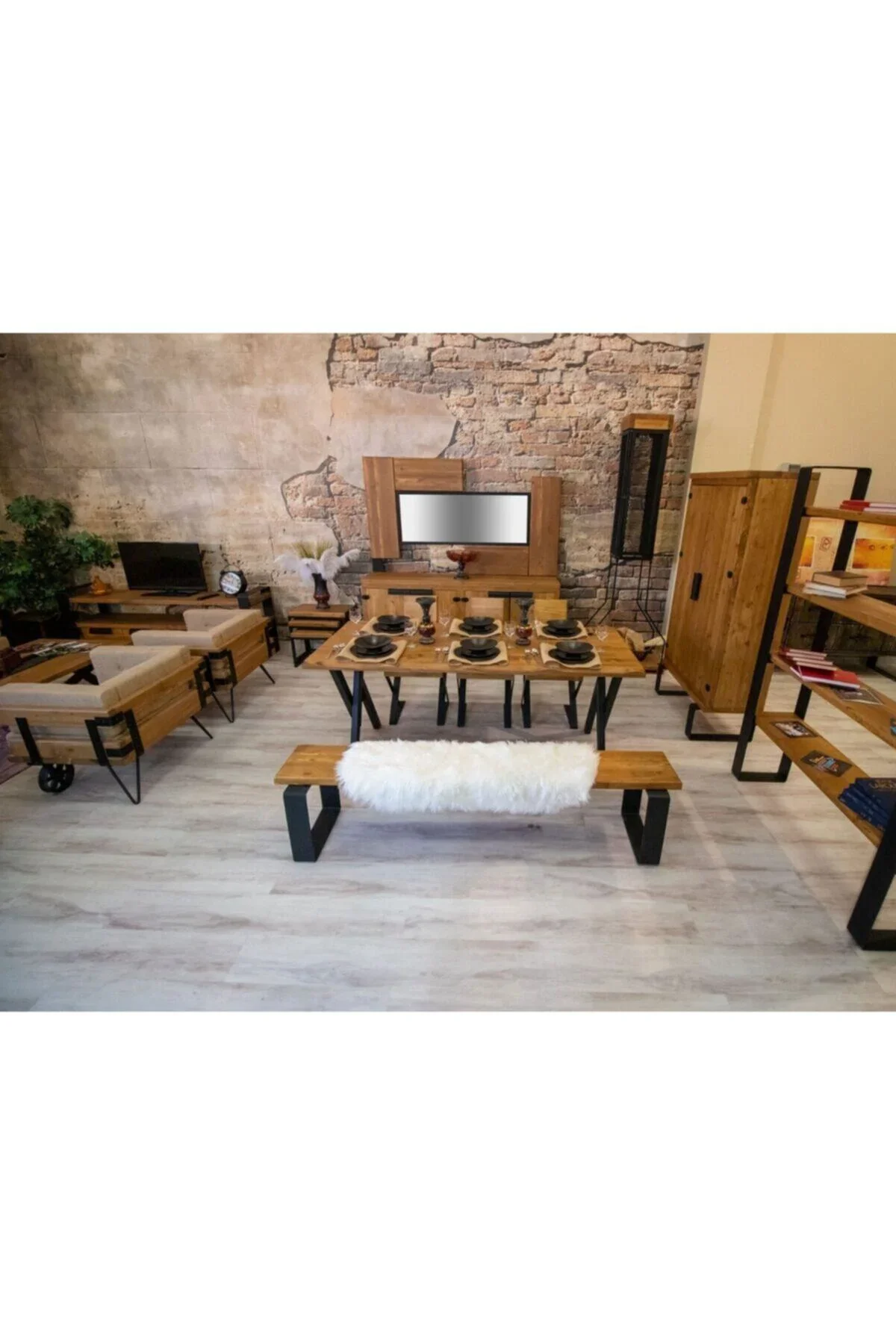 Masif Ağaç Yemek Masası Takımı- 85cm-150cm Masa+150cm Bank+2 Adet Loft Sandalye Masif Ağaç Yemek Masası Takımı- 85cm-150cm Masa+150cm Bank+2 Adet Loft Sandalye - Görsel 6