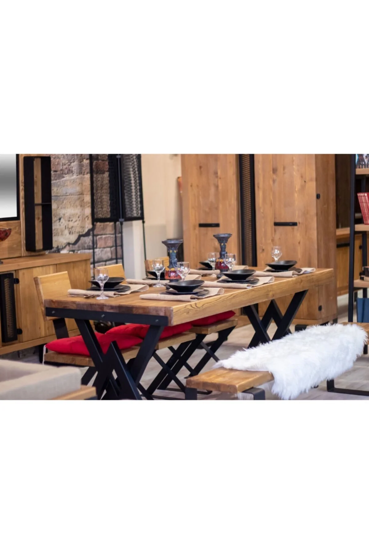 Masif Ağaç Yemek Masası Takımı- 85cm-210cm Masa+210cm Bank+5 Adet Loft Sandalye
