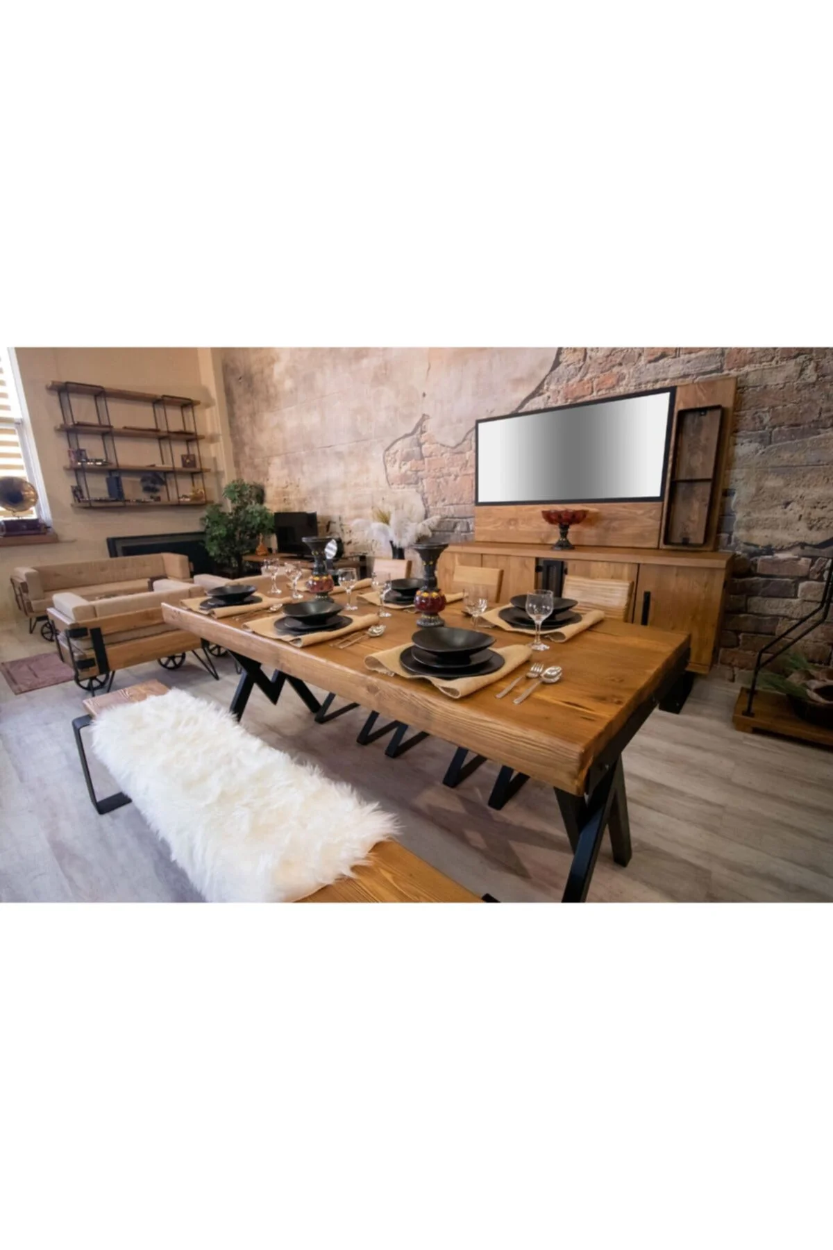 Masif Ağaç Yemek Masası Takımı- 85cm-210cm Masa+210cm Bank+5 Adet Loft Sandalye
