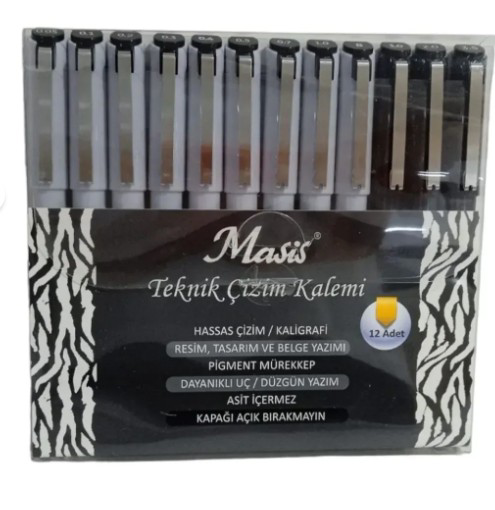 Masis Masis Teknik Çizim Kalemi Siyah Yuvarlak-Firça-Kesik Uç 12 Li