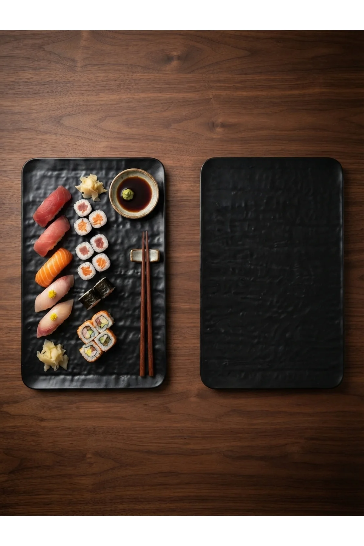 Mat Siyah Doğal Taş Görünümlü Sushi Sunum Tabağı Kayık Tabak / Tepsi 30cm x 20cm