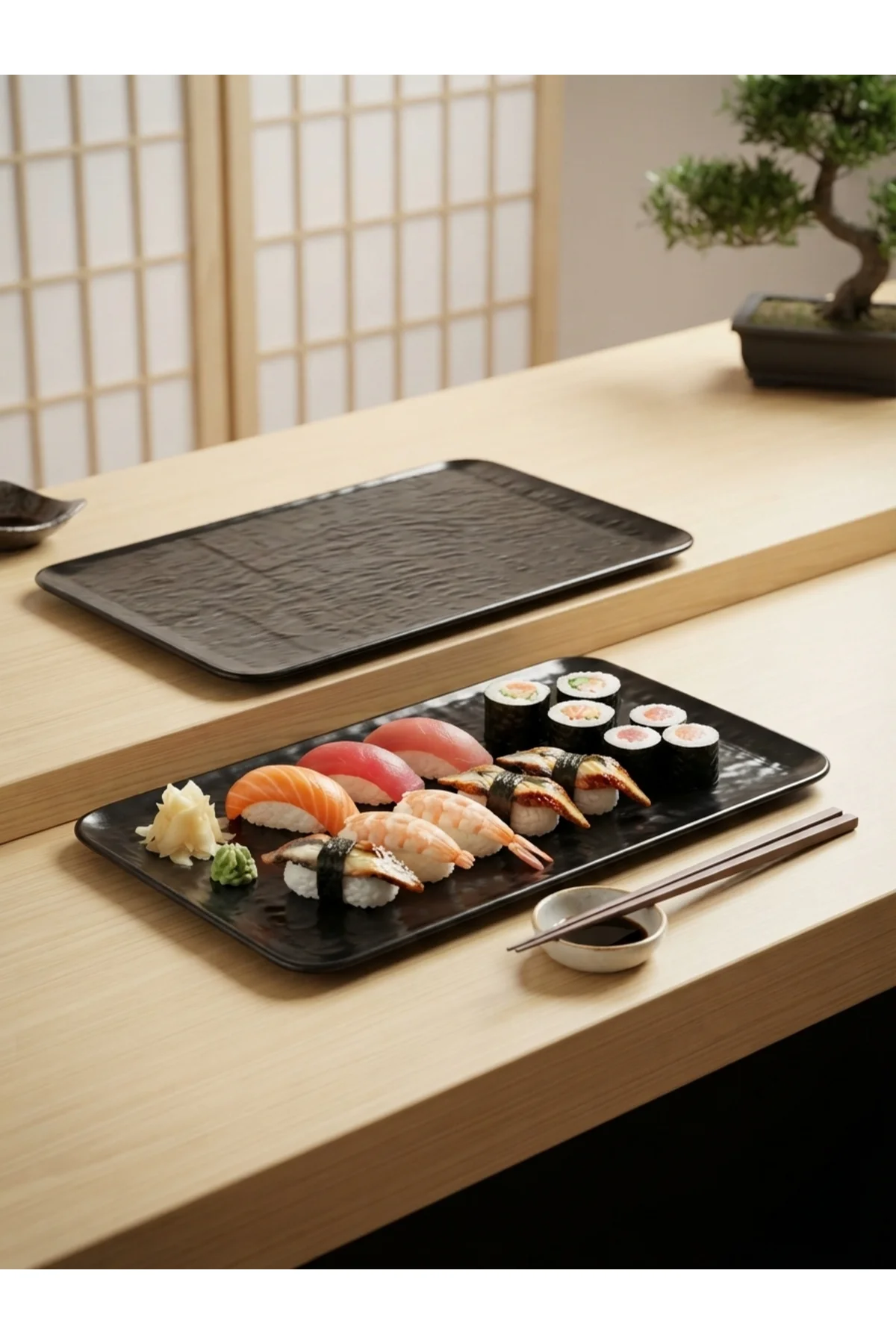 Mat Siyah Doğal Taş Görünümlü Sushi Sunum Tabağı Kayık Tabak / Tepsi 30cm x 20cm