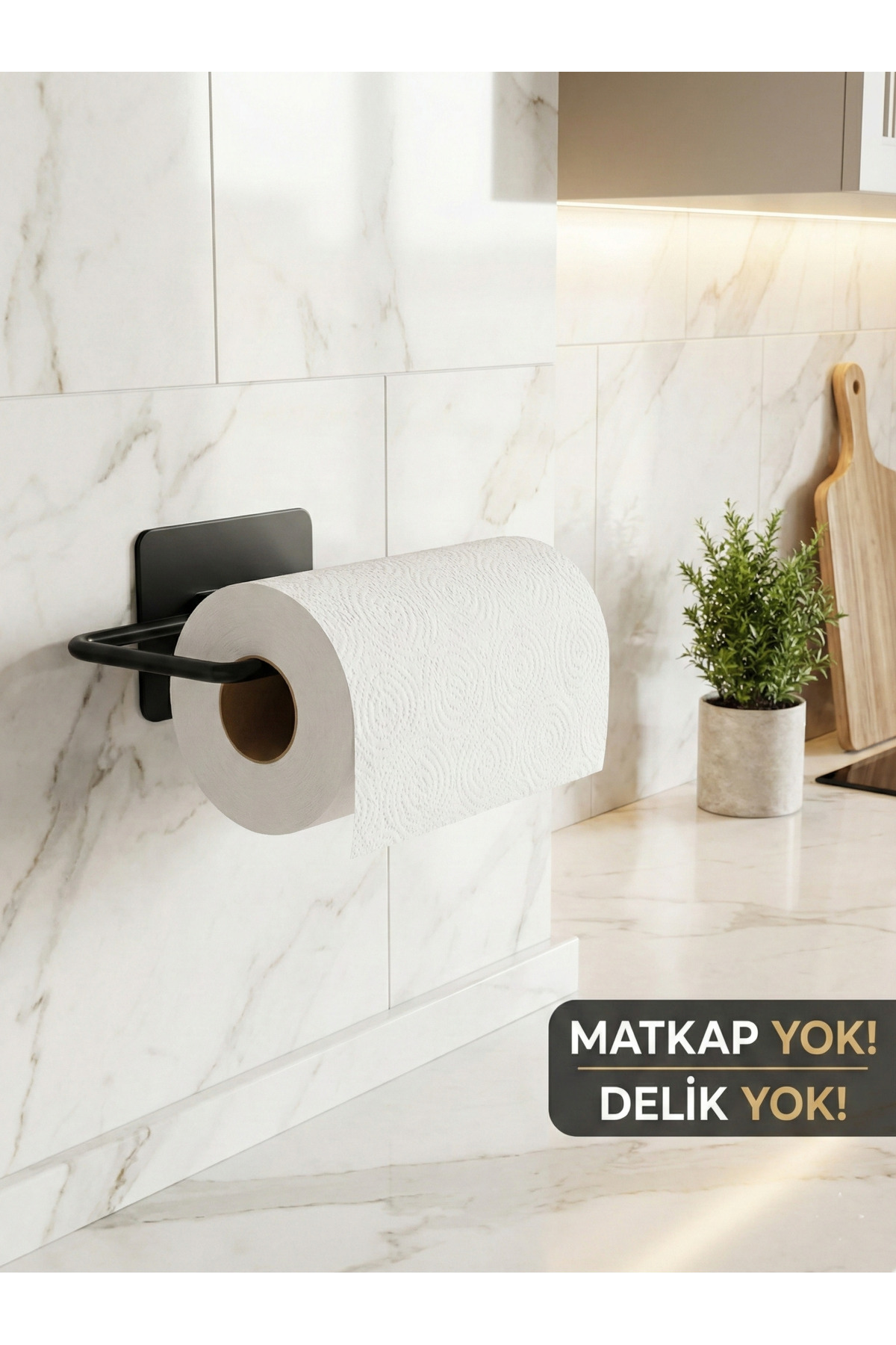 Mat Siyah Metal Kağıt Havlu Tutucu - Güçlü Yapışkanlı Duvar Askıs