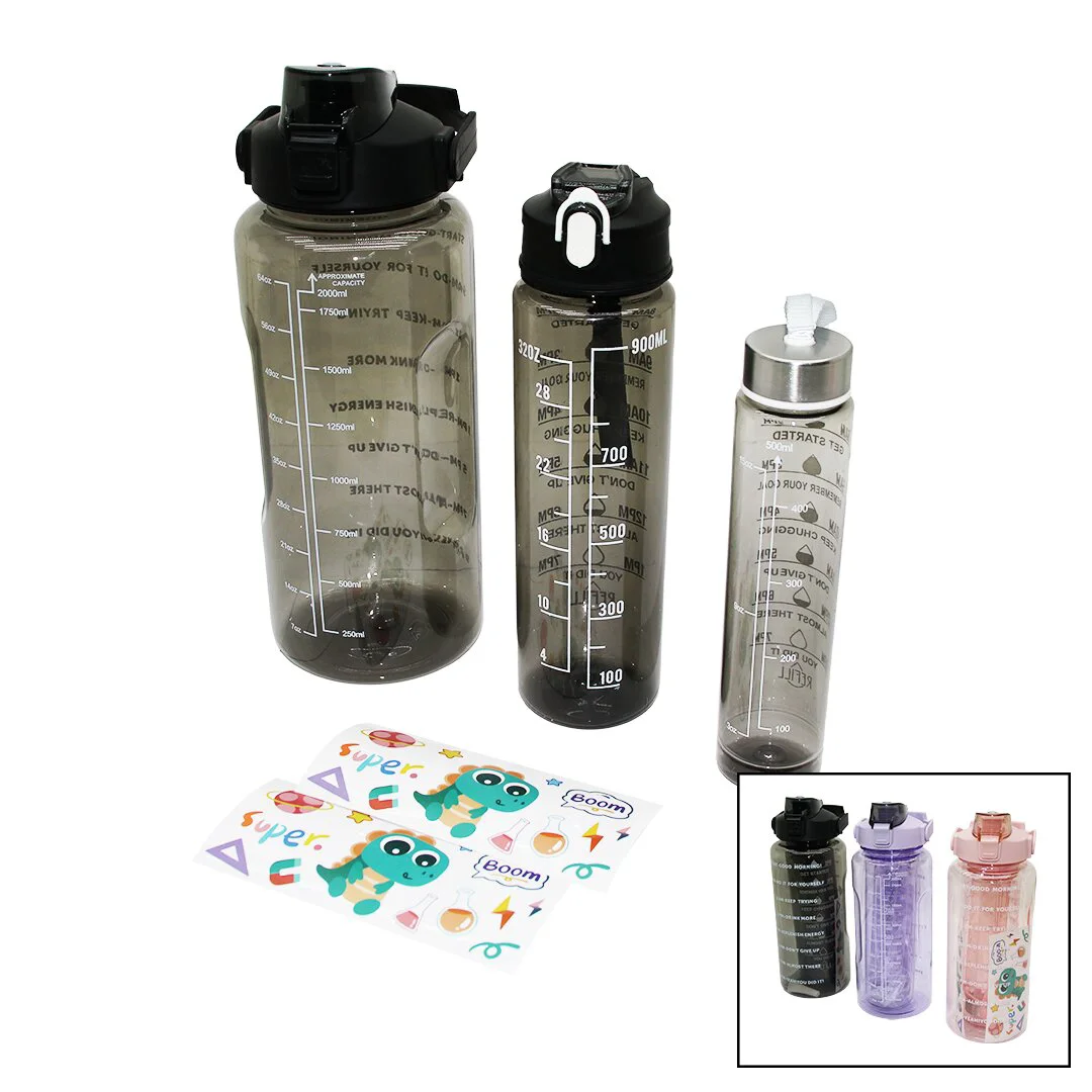 MATARA 3PCS ŞEFFAF RENKLİ 500-900-2000ML PİPETLİ MOTİVASYON SULUK MATARA TELEFONLUKLU