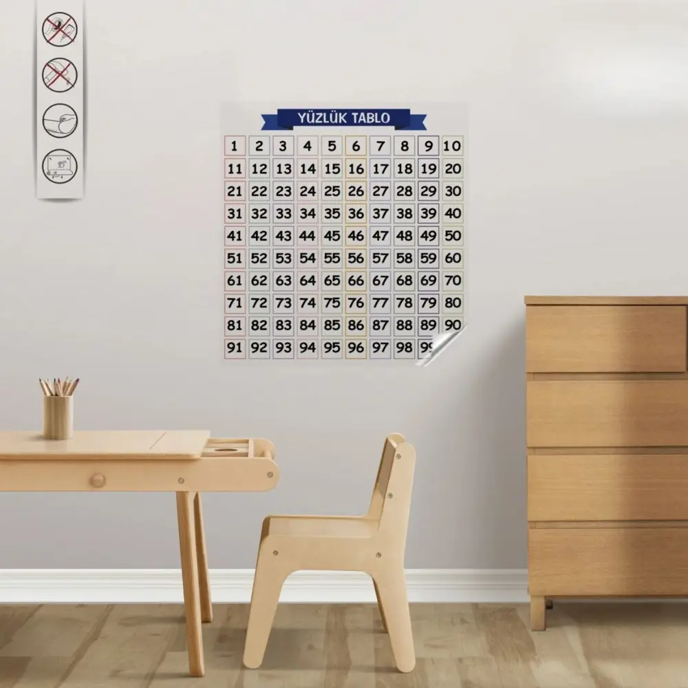 Matematik Öğreten Yüzlük Tablo Duvarda İz Bırakmaz Akıllı Kağıt Y