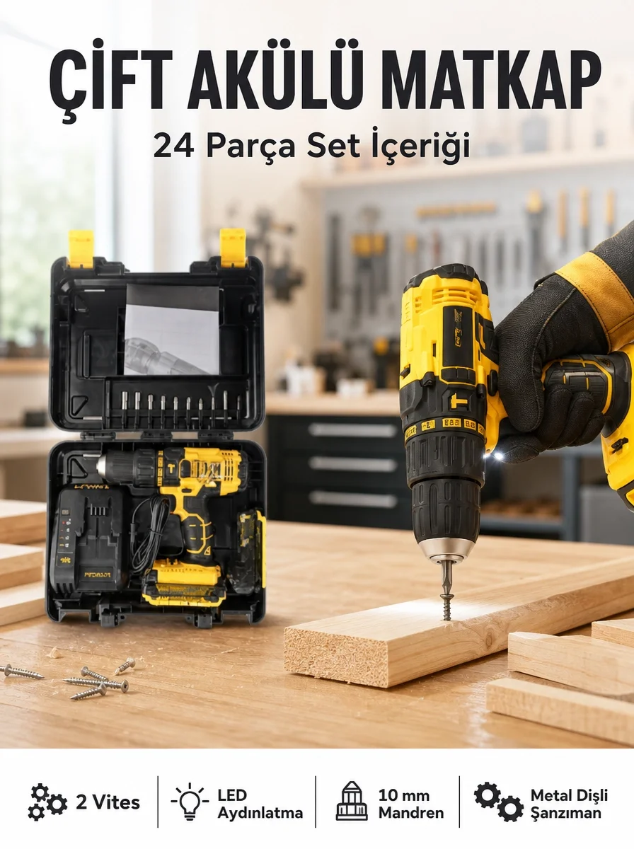 Matkap Seti 24 Parça Çift Bataryalı Darbeli Led Işıklı Vidalama Yeni Nesil