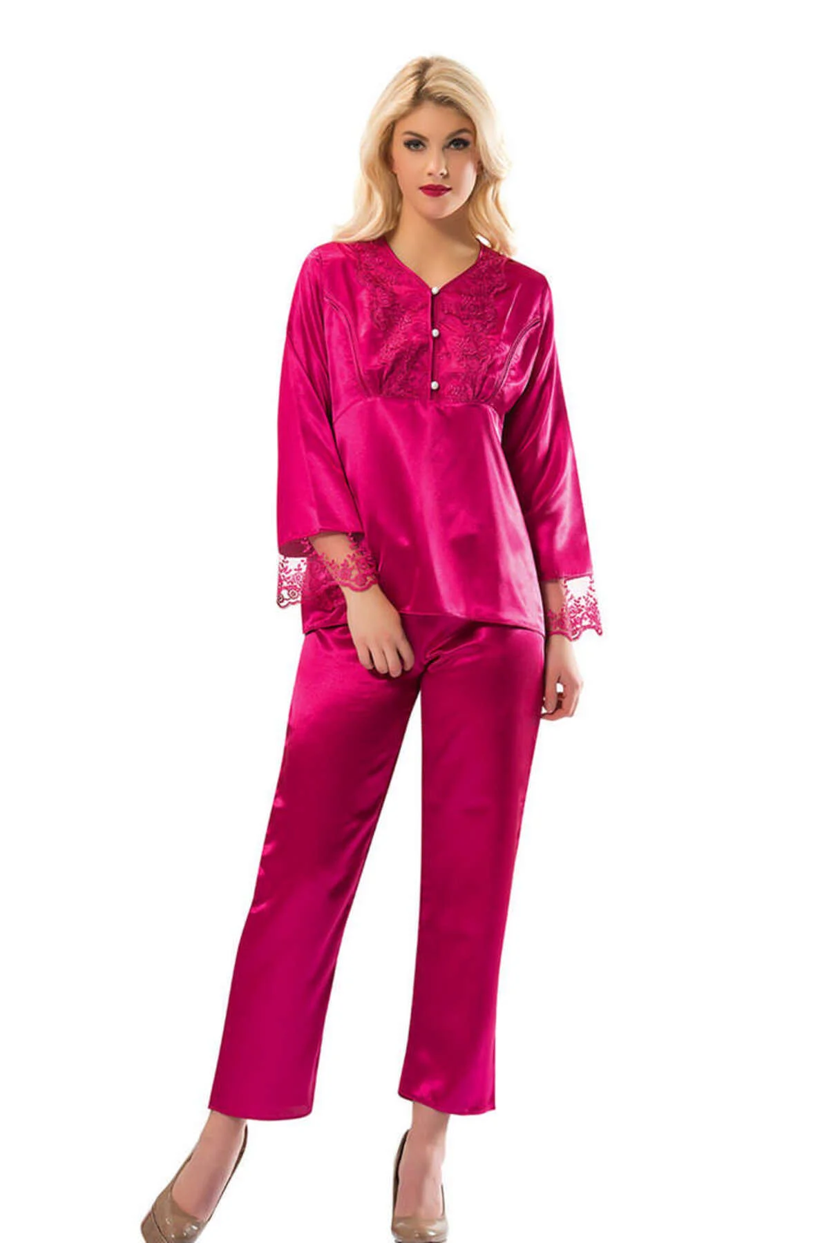 MATXZNGZ Fuşya Saten Pijama Takımı - 1595 - (132222) Beden S MATXZNGZ Fuşya Saten Pijama Takımı - 1595 - (132222) Beden S