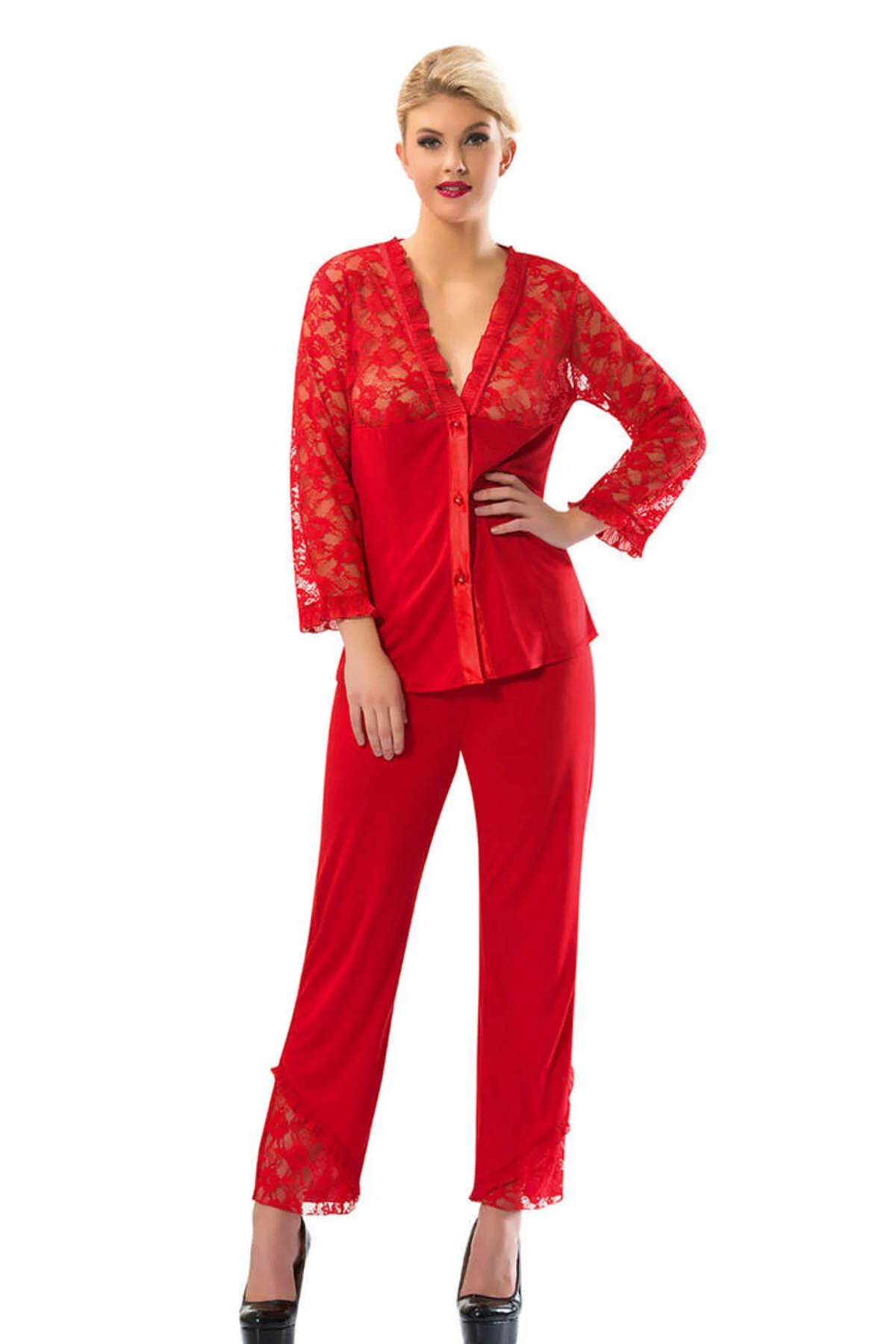 MATXZNGZ Kırmızı Penye Pijama Takımı - 1570 - (132137) Beden S