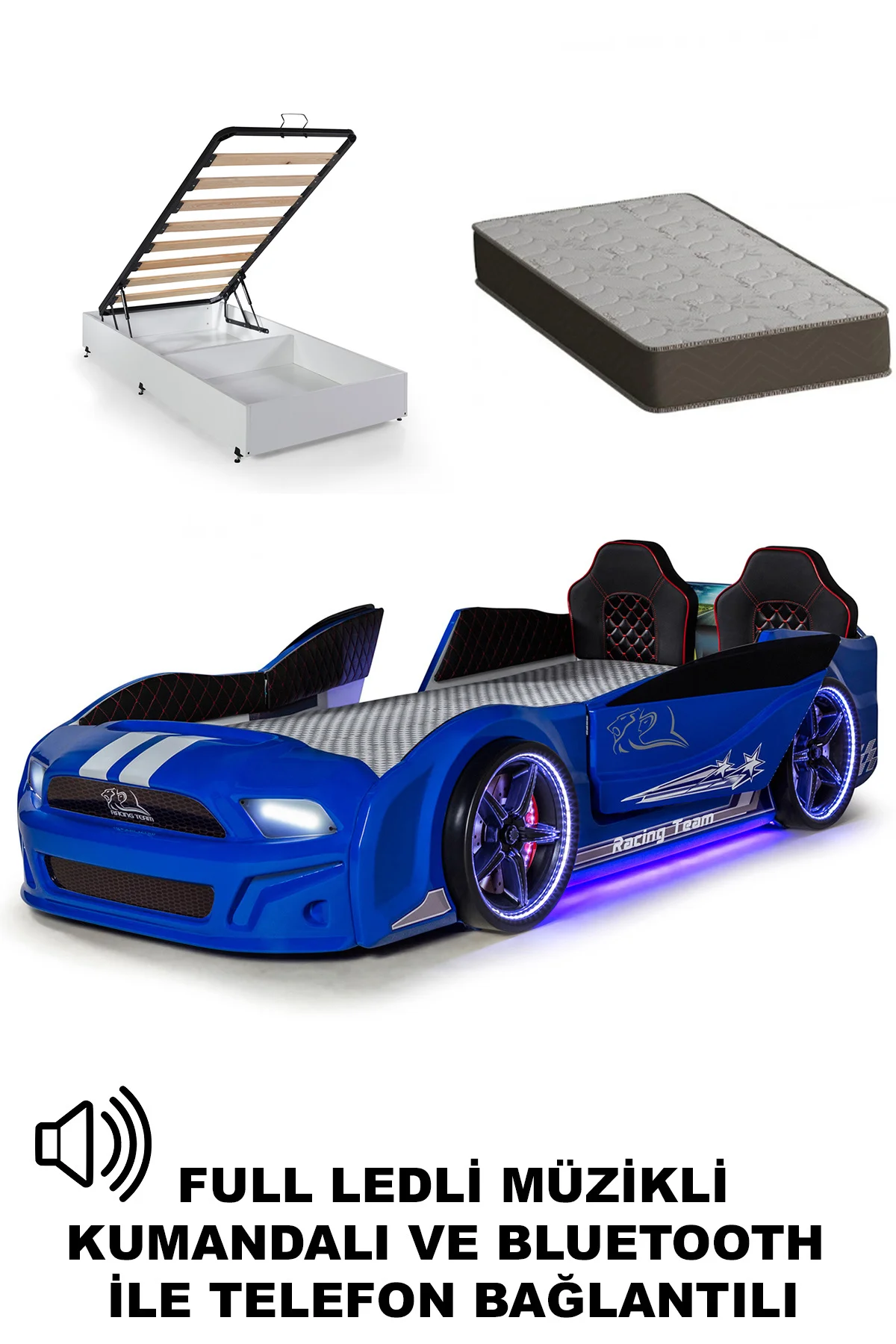 Mavi Bazalı Arabalı Yatak Kapıları Açılan Mustang Full Ledli Kumandalı ve Müzikli + Ortopedik Yatak