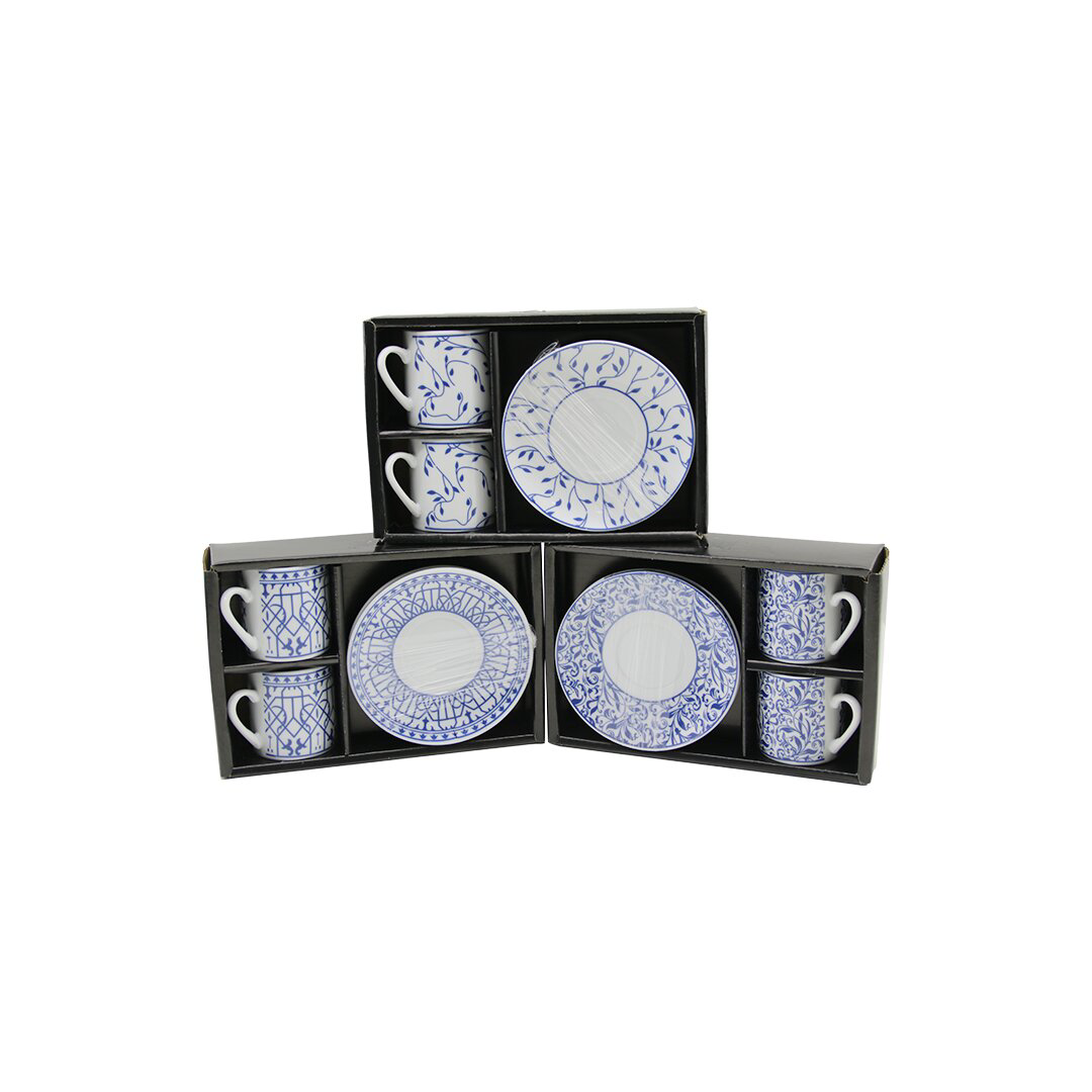 Just Cheap Store Mavi - Beyaz 4Pcs=2-Takim  Porselen Kahve Fincani  Çiçek - Çizgi 