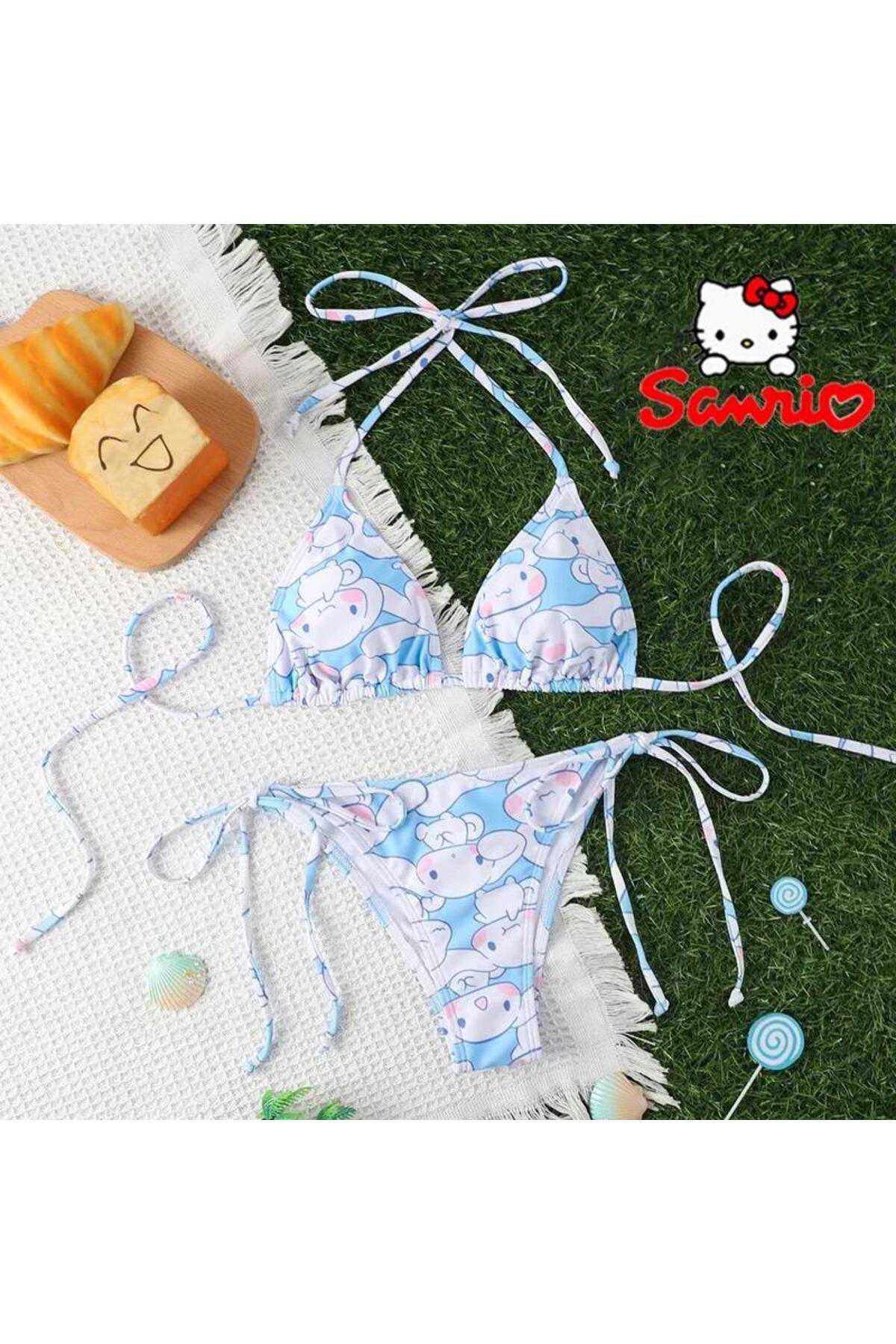 Köstebek Mavi Beyaz Cinnamoroll Collage Bikini Takimi
