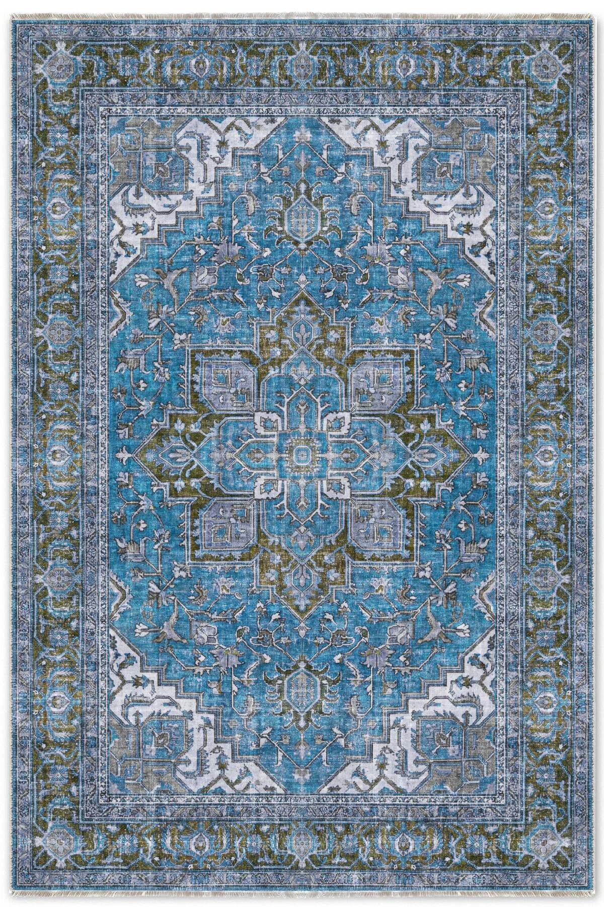 Mavi Boho Eskitme Şönil Halı Kilim Yolluk Kaymaz Salon Mutfak Kor