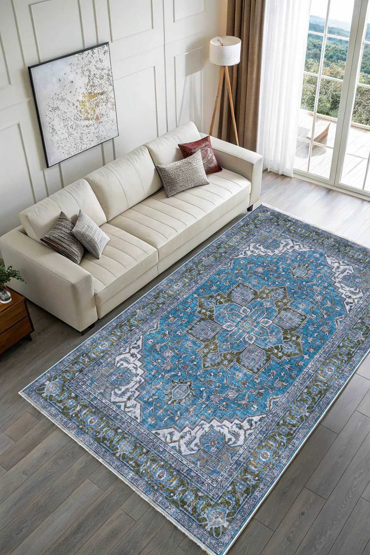 Mavi Boho Eskitme Şönil Halı Kilim Yolluk Kaymaz Salon Mutfak Kor