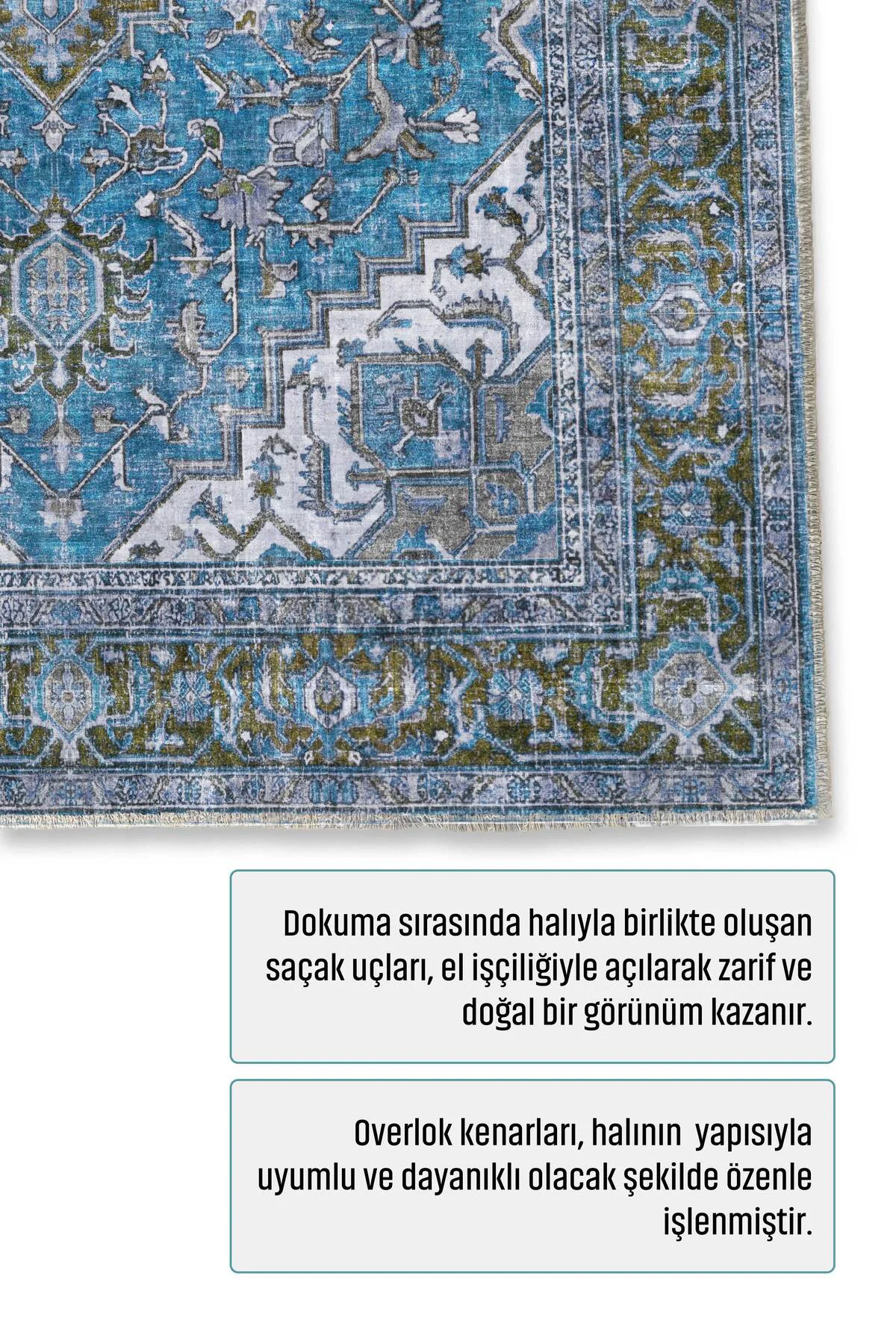 Mavi Boho Eskitme Şönil Halı Kilim Yolluk Kaymaz Salon Mutfak Kor