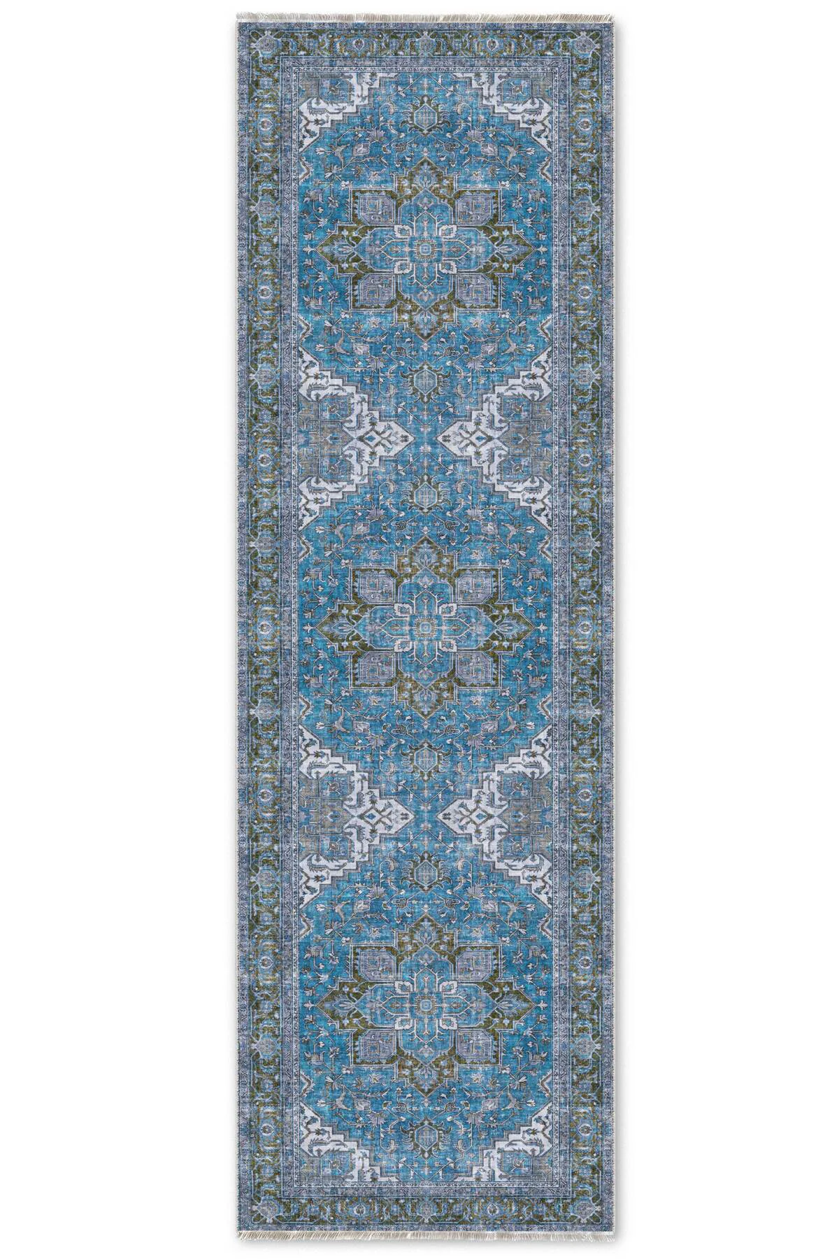 Mavi Boho Eskitme Şönil Halı Kilim Yolluk Kaymaz Salon Mutfak Kor
