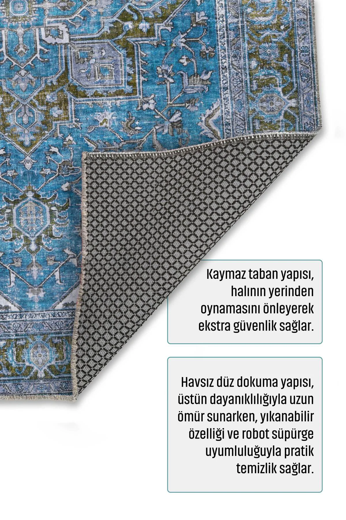 Mavi Boho Eskitme Şönil Halı Kilim Yolluk Kaymaz Salon Mutfak Kor