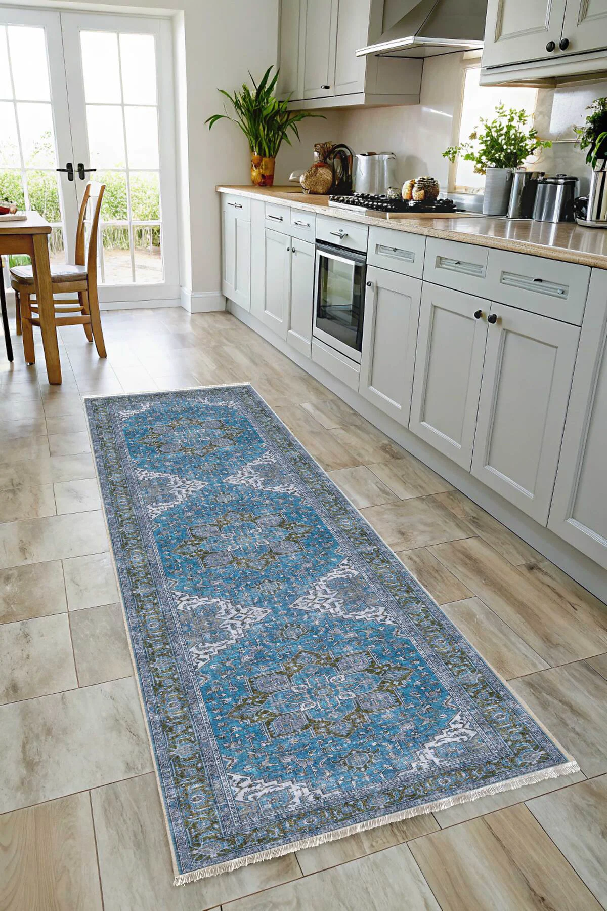 Mavi Boho Eskitme Şönil Halı Kilim Yolluk Kaymaz Salon Mutfak Kor