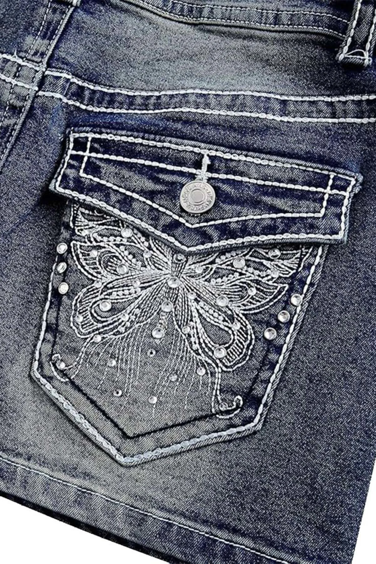 Mavi Butterfly İşlemeli Harajuku Y2K Kot Etek