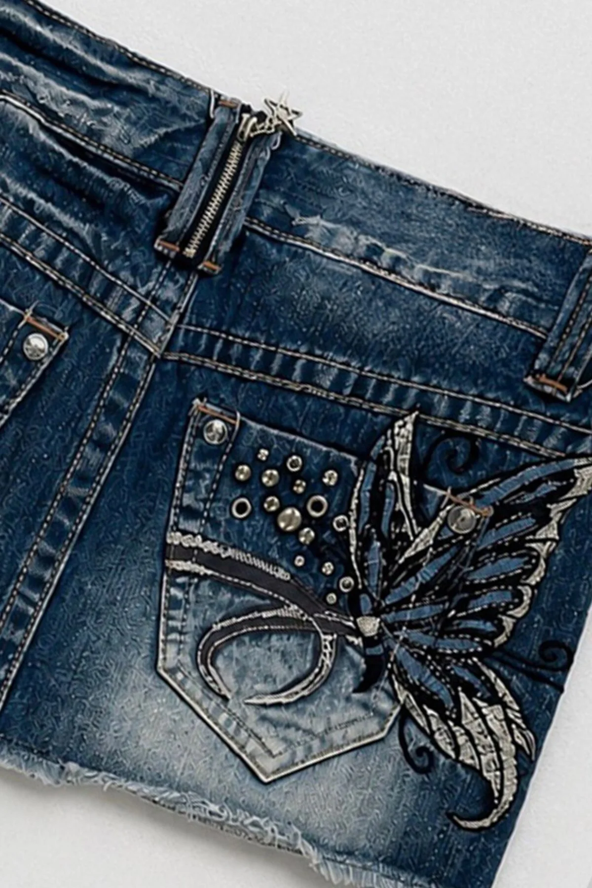 Mavi Butterfly Nakışlı HarajukuY2K Kot Etek