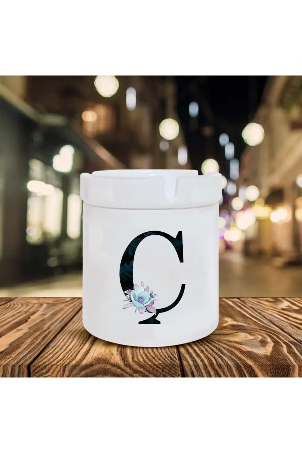 Mavi Çiçekli Ç Harfi Baskılı Seramik Şık Küllük