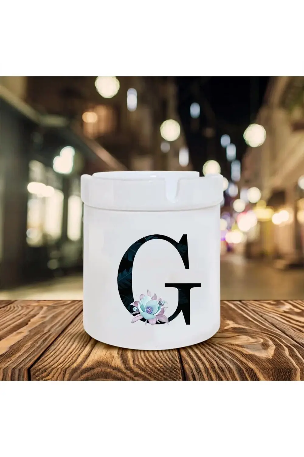 Mavi Çiçekli G Harfi Baskılı Seramik Şık Küllük