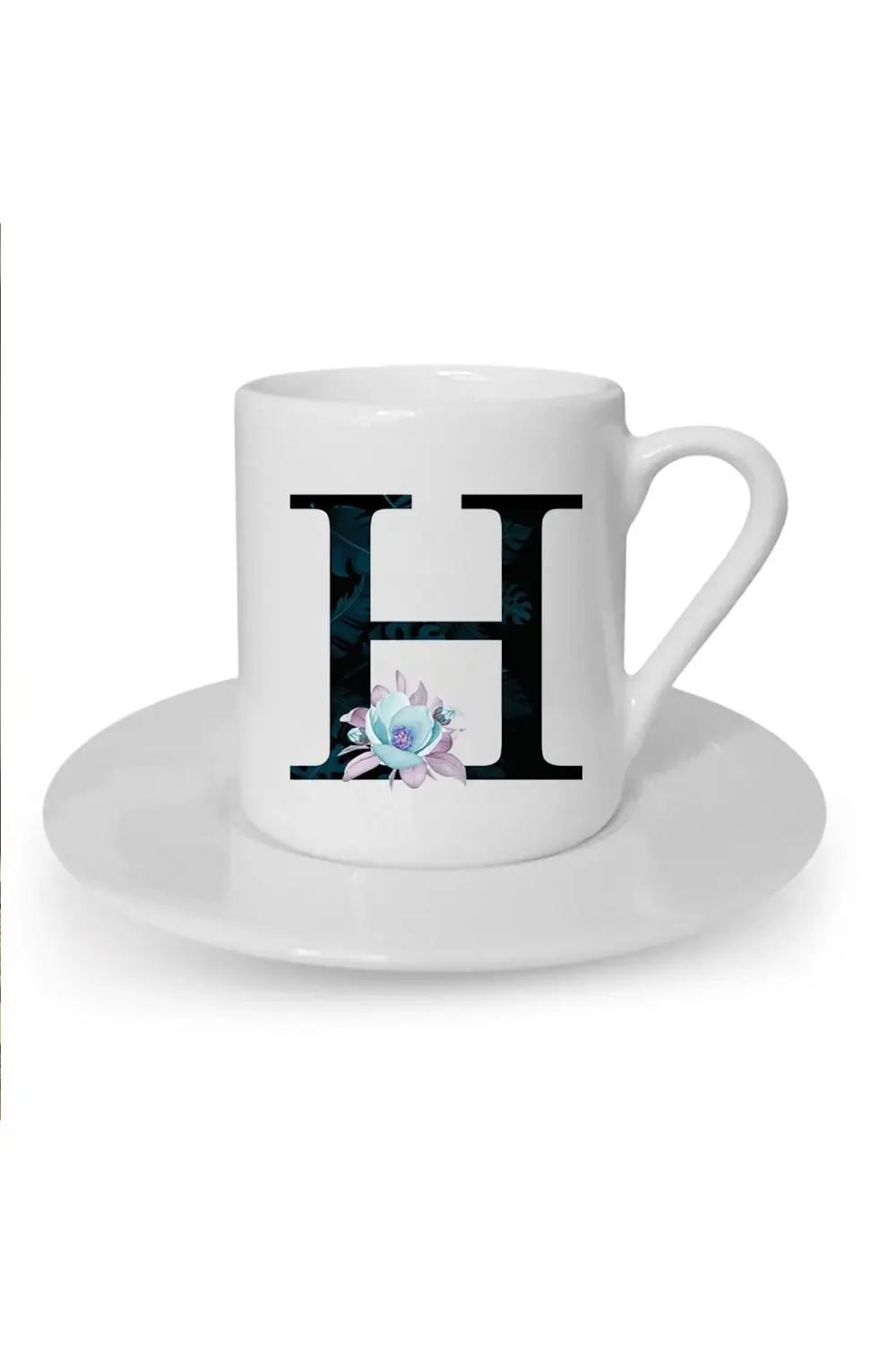 Mavi Çiçekli H Harfi Baskılı Beyaz Türk Kahvesi Fincanı