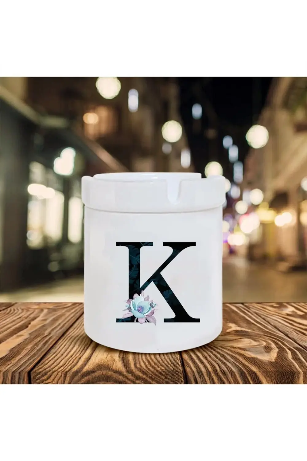 Mavi Çiçekli K Harfi Baskılı Seramik Şık Küllük