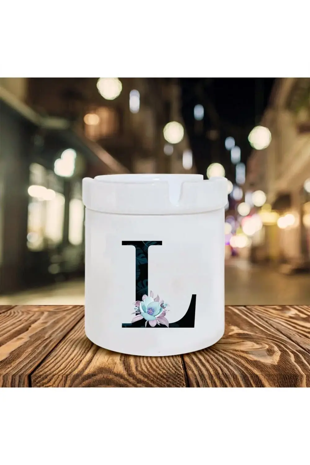 Mavi Çiçekli L Harfi Baskılı Seramik Küllük