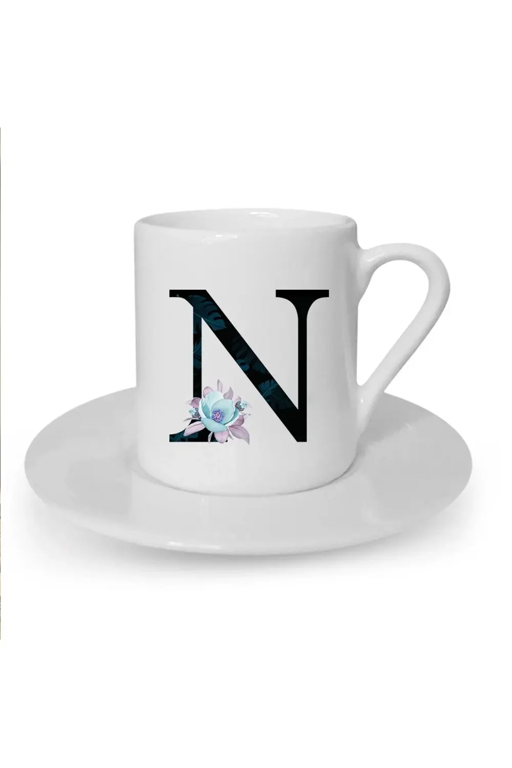 Mavi Çiçekli N Harfi Baskılı Beyaz Türk Kahvesi Fincanı