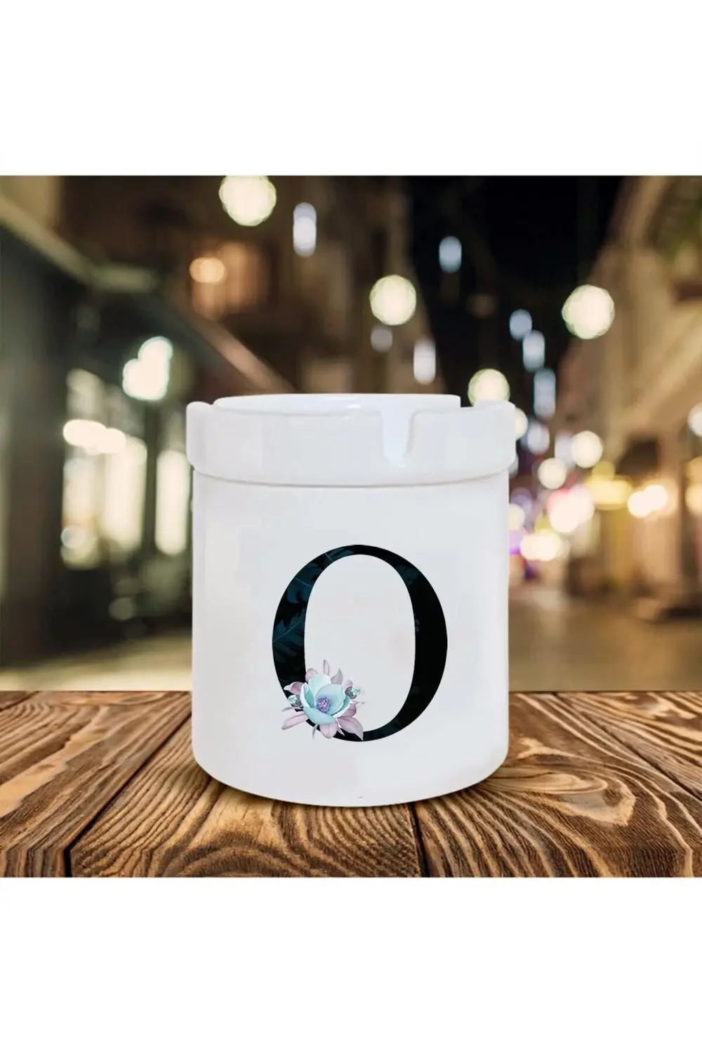 Mavi Çiçekli O Harfi Baskılı Seramik Şık Küllük