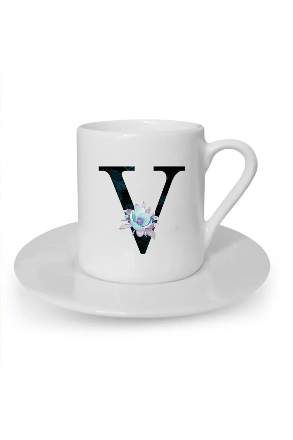 Mavi Çiçekli V Harfi Baskılı Beyaz Türk Kahvesi Fincanı