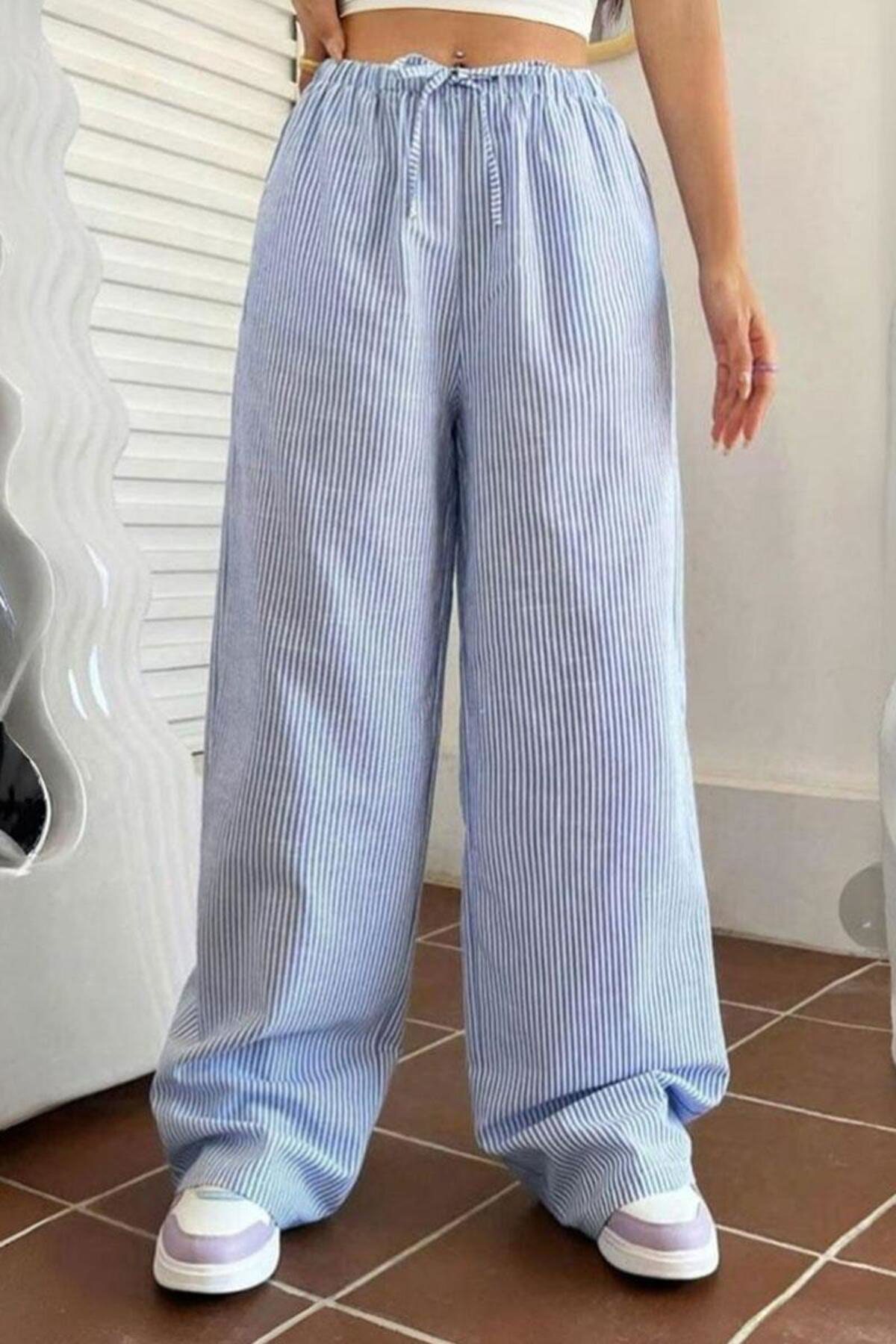 Köstebek Mavi Çizgili Beli Lastikli Harajuku Eşofman