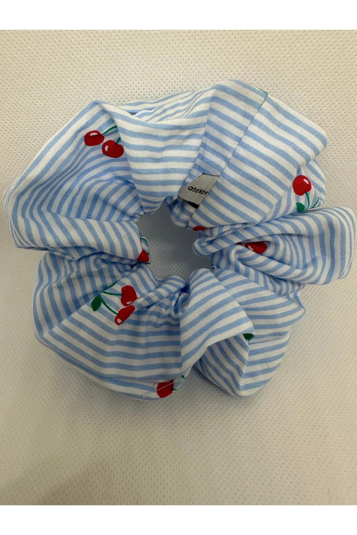 Mavi Çizgili Kiraz Cherry Scrunchie Pamuk Lastik Toka