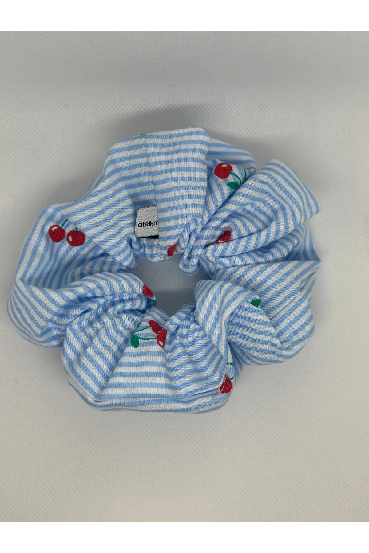 Mavi Çizgili Kiraz Cherry Scrunchie Pamuk Lastik Toka