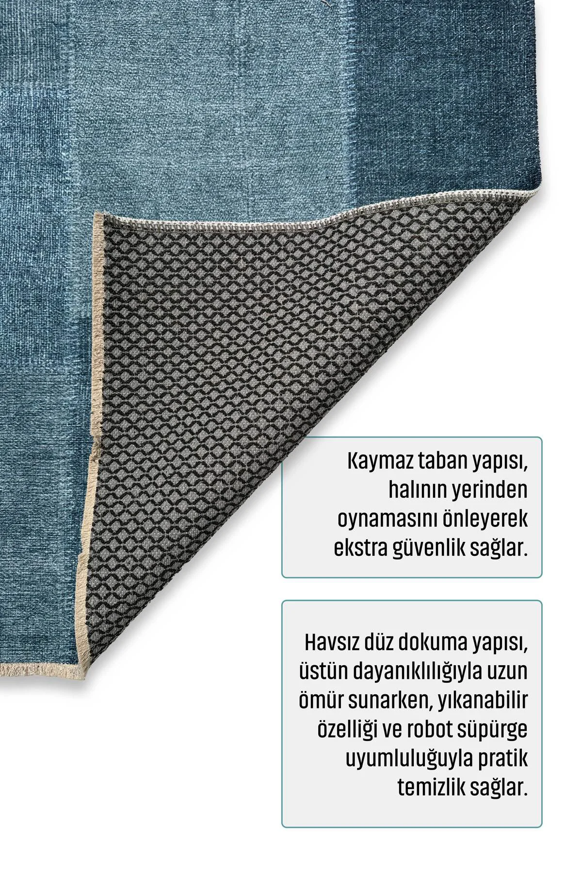 Mavi Denim Patchwork Tasarım Şönil Halı Kilim Yolluk Kaymaz Saçak