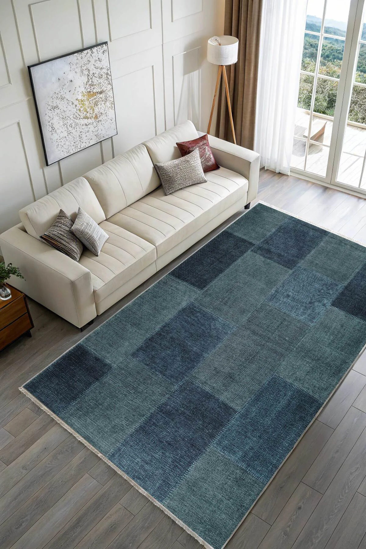Mavi Denim Patchwork Tasarım Şönil Halı Kilim Yolluk Kaymaz Saçak