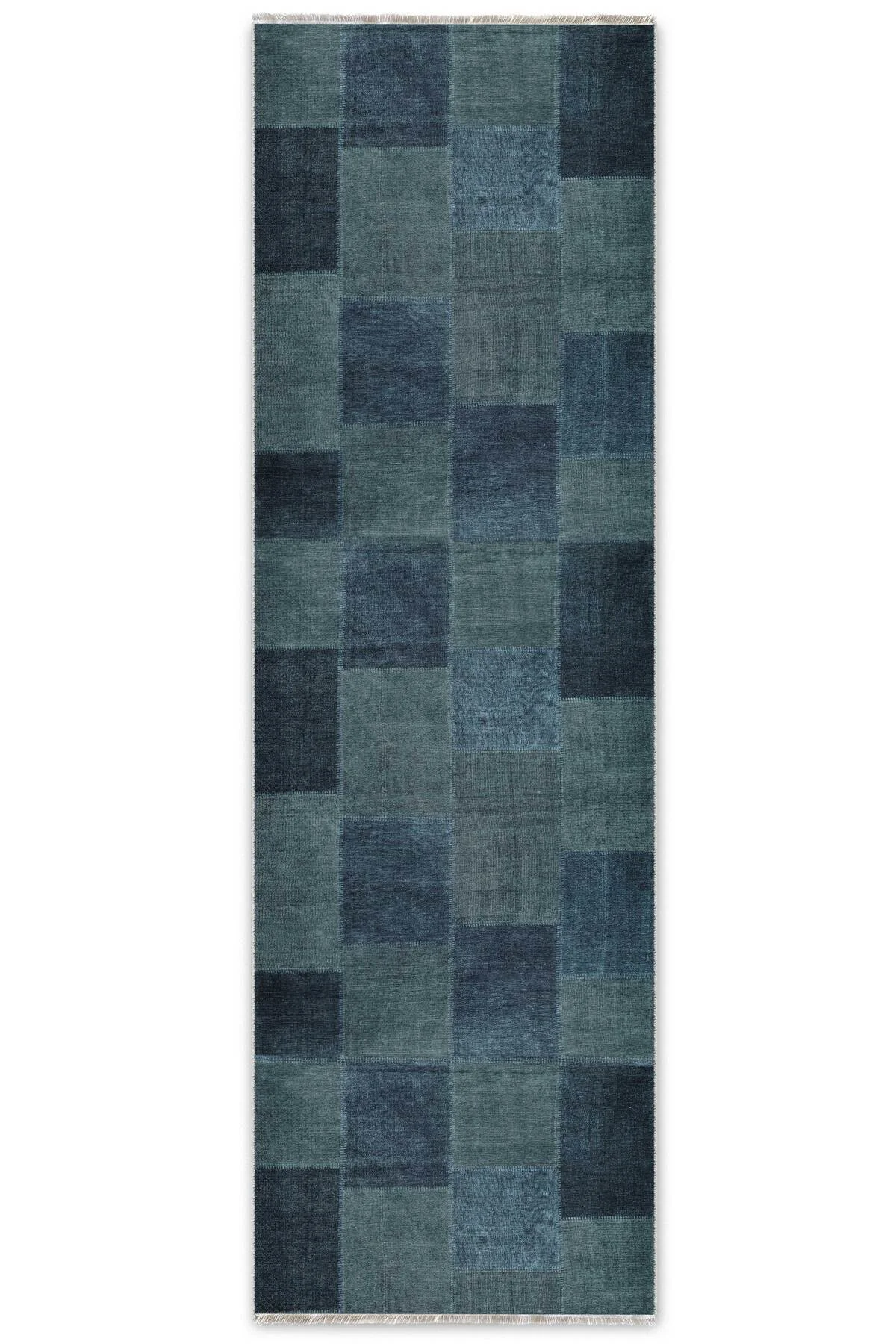 Mavi Denim Patchwork Tasarım Şönil Halı Kilim Yolluk Kaymaz Saçak