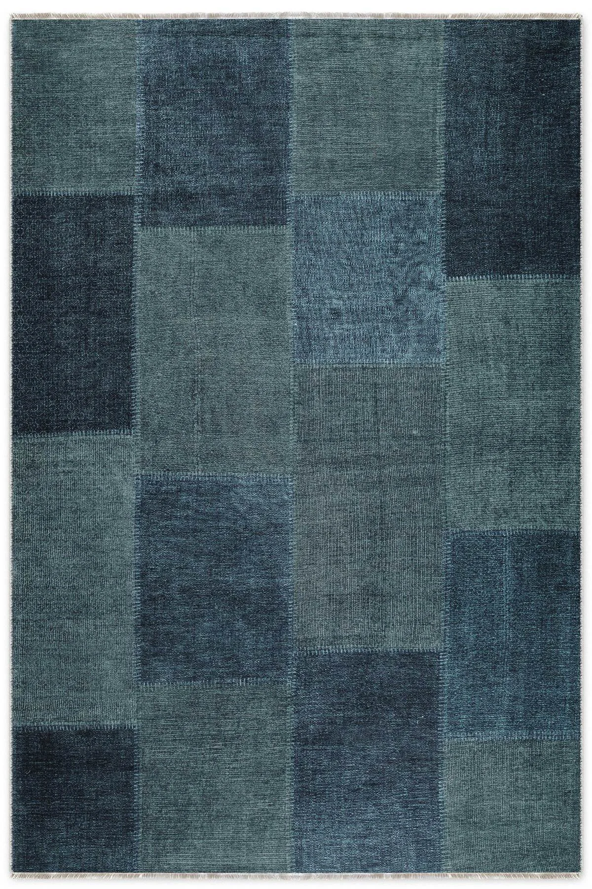 Mavi Denim Patchwork Tasarım Şönil Halı Kilim Yolluk Kaymaz Saçak