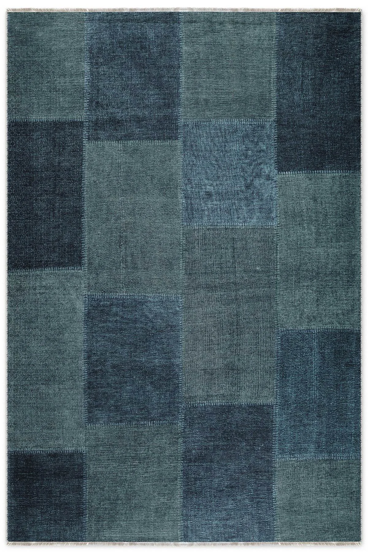 Mavi Denim Patchwork Tasarım Şönil Halı Kilim Yolluk Kaymaz Saçaklı Yıkanabilir Genç Odası Mutfak