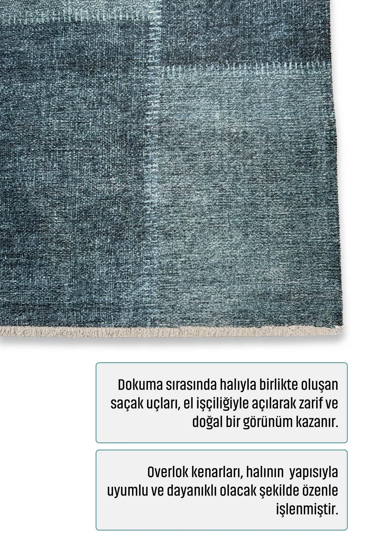 Mavi Denim Patchwork Tasarım Şönil Halı Kilim Yolluk Kaymaz Saçaklı Yıkanabilir Genç Odası Mutfak