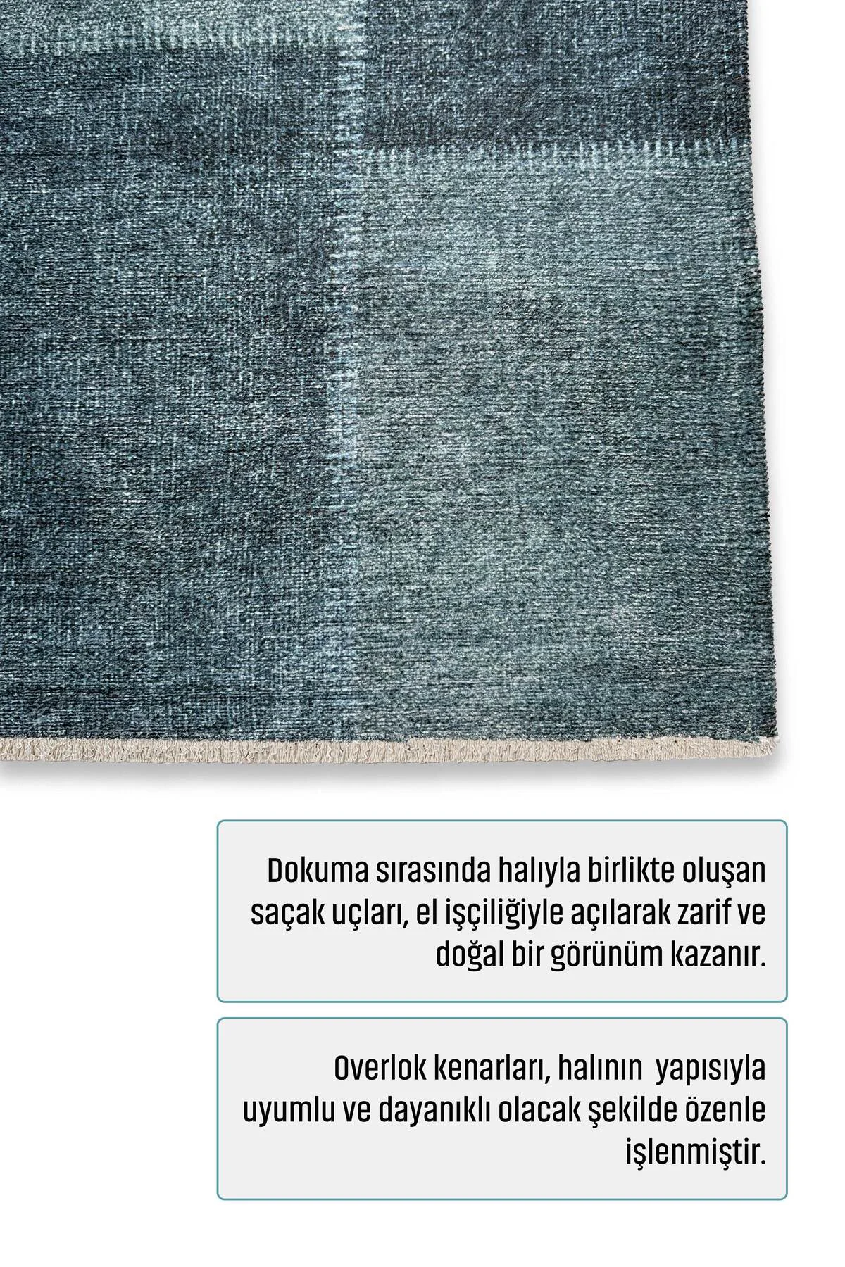 Mavi Denim Patchwork Tasarım Şönil Halı Kilim Yolluk Kaymaz Saçak